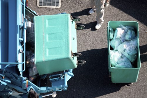 A large skip filled with construction debris ready for collection in Whitechapel.