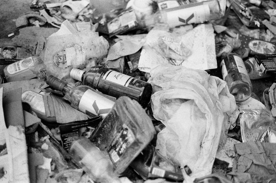 The image shows the rear section of a white commercial van parked on a city street, with three large blue plastic rubbish bags placed on the ground beside it. The bags appear to be filled with waste m